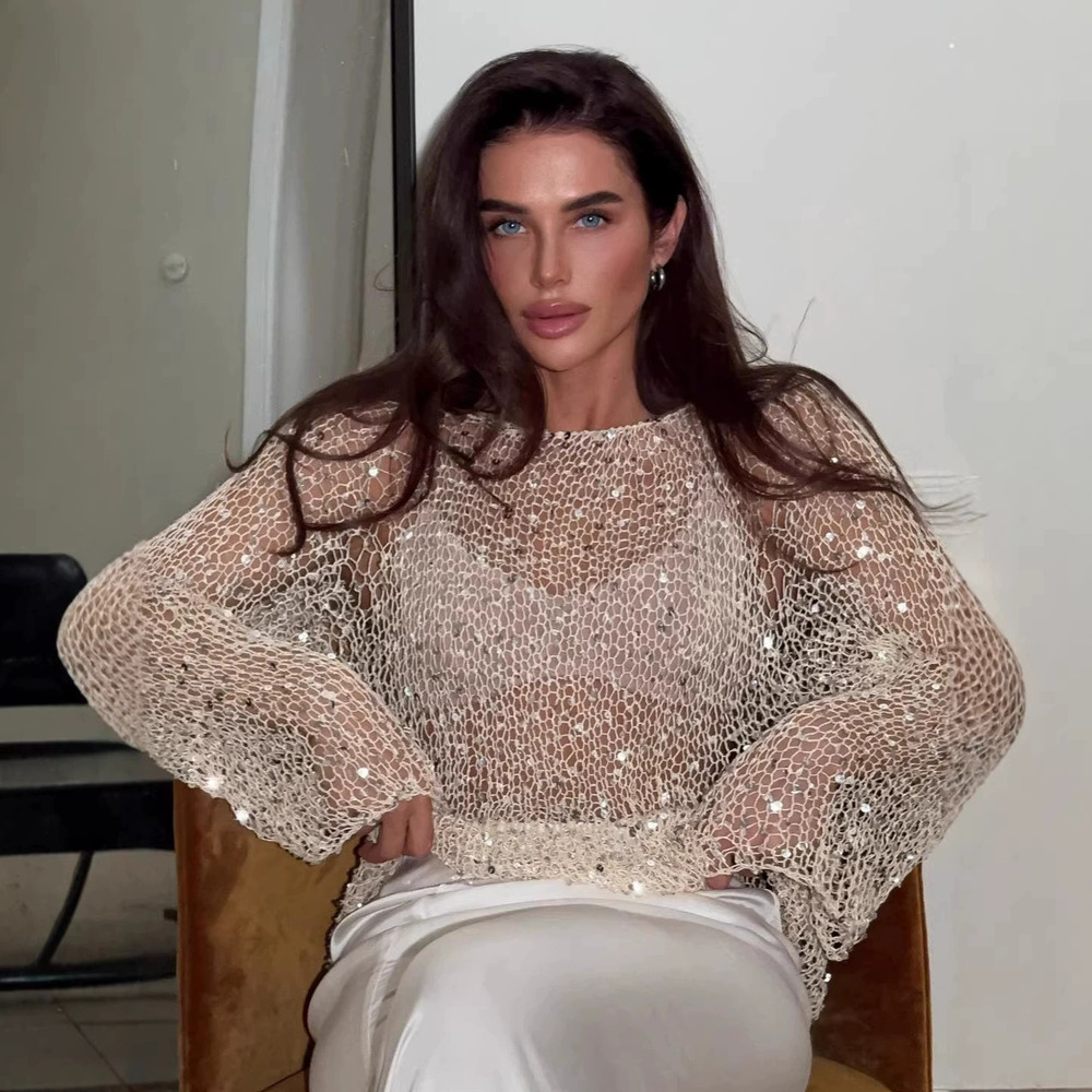 Zara Summer Sequined Knit Pullover Cutout Loose Top